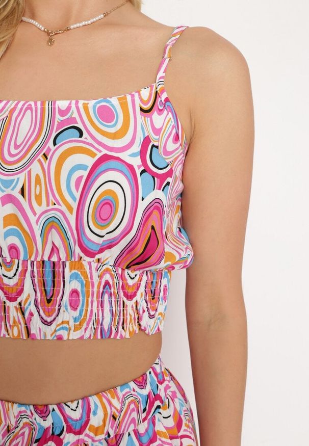 Born2be - Różowy Boho Komplet z Wiskozy Top na Ramiączkach z Gumką Szerokie Spodnie Palazzo Lereri. Kolor: różowy. Materiał: wiskoza