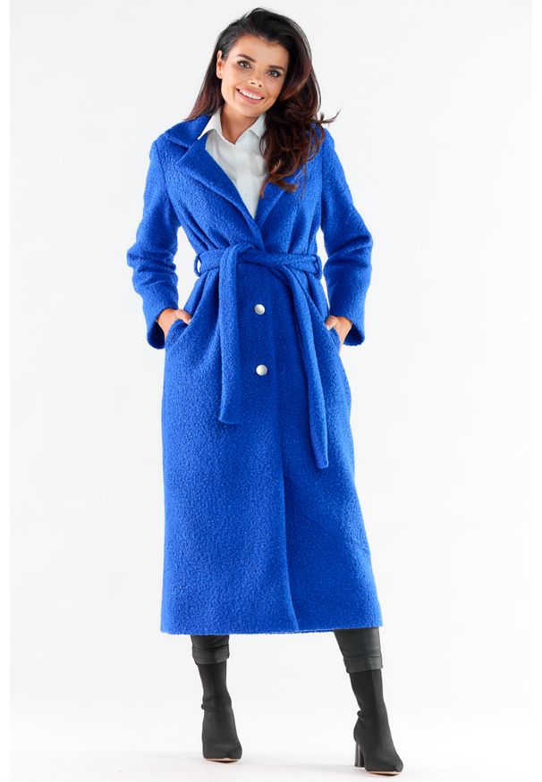 Awama - Długi Jednorzędowy Płaszcz z Paskiem - Niebieski. Kolor: niebieski. Materiał: poliester. Długość: długie