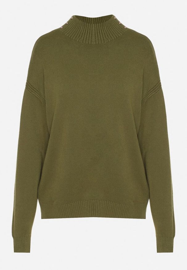 Born2be - Zielony Golf z Metalicznymi Guzikami Aderlia. Okazja: na co dzień, do pracy, na spotkanie biznesowe. Typ kołnierza: golf. Kolor: zielony. Materiał: jeans. Styl: casual, elegancki, biznesowy, klasyczny