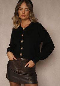 Renee - Czarny Kardigan z Wiskozą Zdobiony Eleganckimi Napami i Bufiastymi Rękawami Acannte. Kolor: czarny. Materiał: wiskoza. Wzór: aplikacja. Styl: elegancki