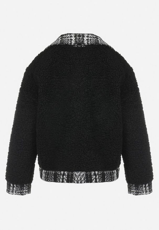 Born2be - Czarna Kurtka Oversize z Futerka Baranek Brona. Kolor: czarny. Materiał: futro. Wzór: aplikacja. Sezon: jesień, zima