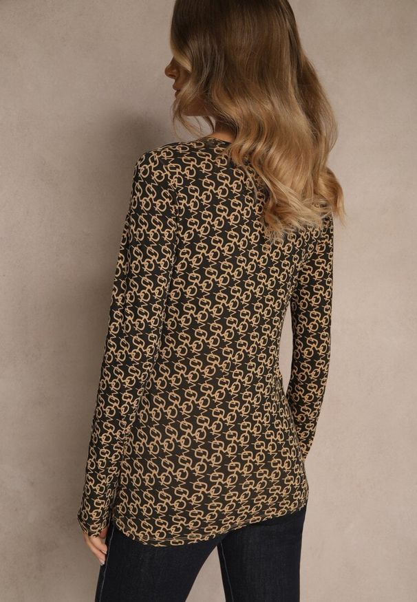 Renee - Brązowo-Czarna Bluzka Longsleeve z Bawełny Ozdobiony Literowym Wzorem Javelina. Okazja: na co dzień. Kolor: brązowy. Materiał: bawełna. Długość rękawa: długi rękaw. Wzór: aplikacja. Styl: elegancki, casual, klasyczny