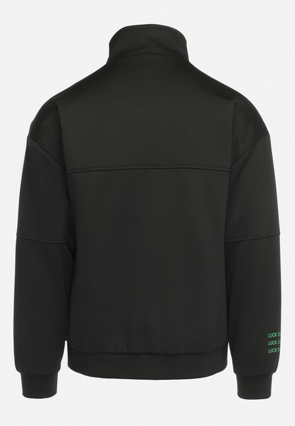 Born2be - Czarna Kurtka Dresowa z Wysokim Kołnierzem i Nadrukiem Lwanes. Kolor: czarny. Materiał: dresówka. Wzór: nadruk. Styl: sportowy