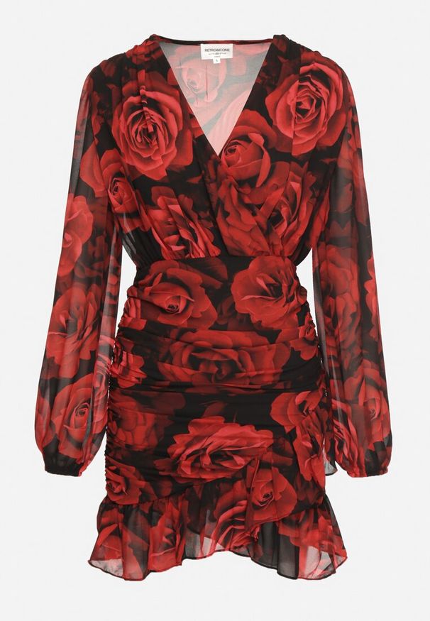 Born2be - Czerwona Kopertowa Sukienka z Marszczeniami i Falbanką w Kwiatowy Wzór Ceatera. Typ kołnierza: dekolt w serek. Kolor: czerwony. Wzór: kwiaty. Typ sukienki: kopertowe