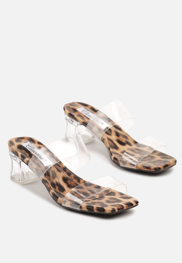 Renee - Panterkowe Transparentne Klapki na Słupku z Noskiem o Kwadratowym Kształcie Zimrea. Okazja: na imprezę. Materiał: jeans. Obcas: na słupku. Styl: elegancki