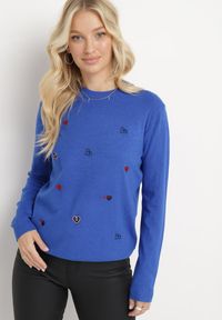 Born2be - Niebieski Sweter z Kaszmirem i Naszywkami w Serca Juviena. Kolor: niebieski. Materiał: kaszmir. Wzór: aplikacja #1
