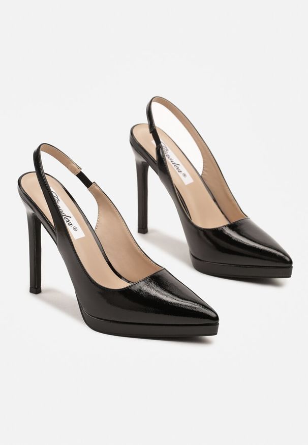 Renee - Czarne Sandały na Szpilce Lakierowane Typu Slingback Novalise. Okazja: na co dzień. Kolor: czarny. Materiał: lakier. Wzór: kwiaty. Obcas: na szpilce. Styl: elegancki, casual