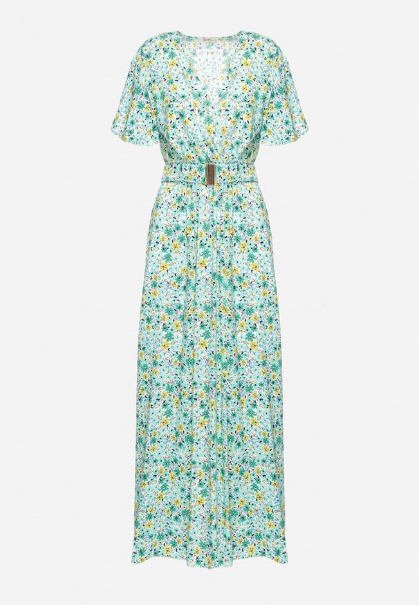 Born2be - Zielona Wiskozowa Sukienka z Kopertowym Dekoltem i Gumką w Pasie z Paskiem i Rozcięciem Vikama. Okazja: na spacer, na imprezę. Typ kołnierza: dekolt kopertowy. Kolor: zielony. Materiał: wiskoza. Typ sukienki: kopertowe. Styl: elegancki