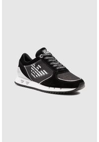 EA7 Emporio Armani - EA7 Czarne sneakersy damskie ze srebrnym logo, Rozmiar 40. Kolor: czarny. Materiał: zamsz, skóra, materiał. Wzór: aplikacja
