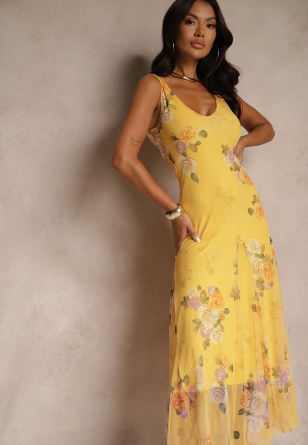 Renee - Żółta Sukienka Siateczkowa w Kwiaty Milosea. Okazja: na co dzień, na imprezę. Kolor: żółty. Wzór: kwiaty. Sezon: lato. Styl: casual, klasyczny