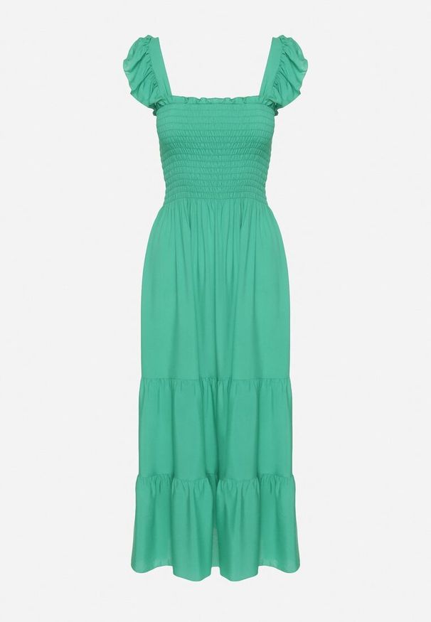 Born2be - Zielona Rozkloszowana Bawełniana Sukienka na Ramiączkach z Gumkami i Falbanką Mevesta. Okazja: na spacer. Typ kołnierza: kołnierz z falbankami, dekolt kwadratowy. Kolor: zielony. Materiał: bawełna. Długość rękawa: na ramiączkach