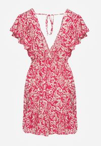 Renee - Fuksjowa Sukienka z Bawełny o Rozkloszowanym Kroju Ozdobiona Falbanami i Gumką w Talii Neliaura. Okazja: na co dzień, na imprezę. Typ kołnierza: dekolt w kształcie V. Kolor: różowy. Materiał: bawełna. Wzór: aplikacja. Sezon: lato. Typ sukienki: proste, rozkloszowane. Styl: elegancki, casual #2