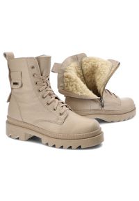 Beżowe Botki Pollonus Skórzane Ocieplane Buty Damskie. Kolor: beżowy. Materiał: skóra. Szerokość cholewki: normalna. Sezon: zima #6
