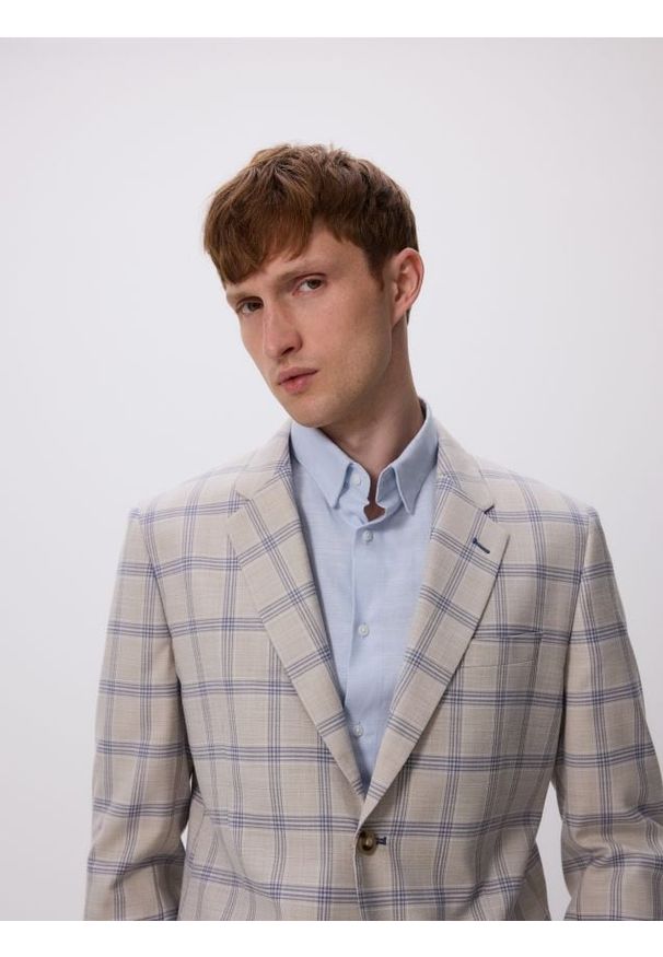 Reserved - Marynarka slim fit w kratę - beżowy. Kolor: beżowy. Materiał: tkanina