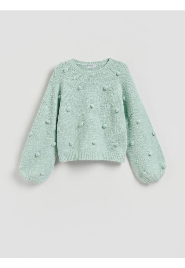 Reserved - Sweter z ozdobnymi aplikacjami - jasnoturkusowy. Kolor: turkusowy. Materiał: dzianina, wełna. Wzór: aplikacja