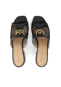 Kazar - Czarne klapki damskie. Kolor: czarny. Materiał: tkanina, skóra. Wzór: ażurowy, aplikacja. Obcas: na obcasie. Styl: elegancki. Wysokość obcasa: średni #6