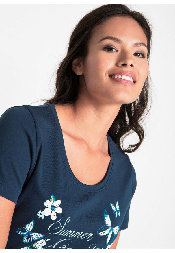 bonprix - Shirt bawełniany, krótki rękawy. Kolor: niebieski. Materiał: bawełna. Długość rękawa: krótki rękaw. Długość: krótkie. Wzór: nadruk