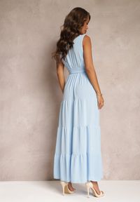 Renee - Niebieska Kopertowa Sukienka Maxi z Gumką w Talii i Materiałowym Paskiem Leansa. Typ kołnierza: dekolt kopertowy. Kolor: niebieski. Materiał: materiał. Sezon: wiosna, lato. Typ sukienki: kopertowe. Długość: maxi #5