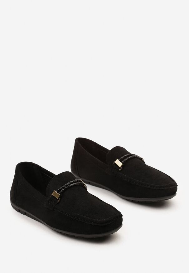 Born2be - Czarne Półbuty Mokasyny na Grubej Podeszwie z Metalową Ozdobą Rsosa. Kolor: czarny. Materiał: len, jeans. Wzór: aplikacja. Styl: sportowy, elegancki