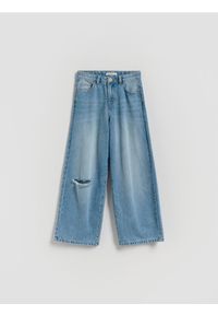 Reserved - Jeansy wide leg z przetarciem - niebieski. Kolor: niebieski