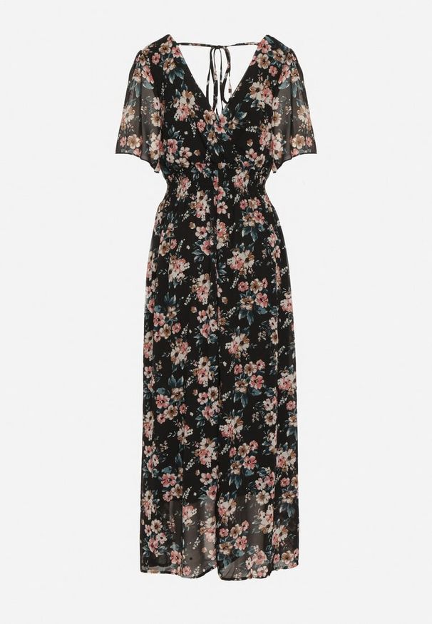 Born2be - Czarno-Różówa Sukienka z Krótkim Rękawem i Gumką w Pasie Wiązana na Plecach z Metaliczną Nicią Virissa. Okazja: na co dzień. Typ kołnierza: dekolt w kształcie V. Kolor: czarny. Materiał: dzianina, tkanina, jeans. Długość rękawa: krótki rękaw. Sezon: lato. Typ sukienki: proste. Styl: casual, klasyczny, boho