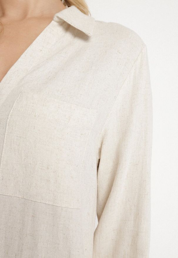 Born2be - Beżowa Koszulowa Sukienka z Lnem i Wiskozą z Regulowanymi Rękawami Melvezia. Okazja: na co dzień. Kolor: beżowy. Materiał: wiskoza, len. Typ sukienki: koszulowe. Styl: casual