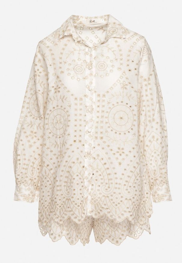 Born2be - Beżowy Bawełniany Komplet z Haftowanej Tkaniny Koszula z Guzikami i Krótkie Szorty z Frędzlami Kolbia. Kolor: beżowy. Materiał: tkanina, bawełna. Wzór: haft