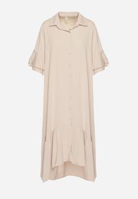 Born2be - Beżowa Sukienka Koszulowa z Ozdobną Falbanką Daviravie. Okazja: na co dzień. Kolor: beżowy. Typ sukienki: koszulowe. Styl: elegancki, casual, klasyczny #3