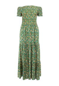 Born2be - Zielona Sukienka z Wiskozy Cheri. Typ kołnierza: dekolt hiszpanka. Kolor: zielony. Materiał: wiskoza. Wzór: kwiaty. Sezon: lato. Typ sukienki: rozkloszowane. Długość: maxi #4