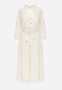 Born2be - Beżowy Koronkowa Sukienka Koszulowa o Rozkloszowanym Dole z Paskiem w Talii Nesssea. Okazja: na co dzień, do pracy. Kolor: beżowy. Materiał: koronka. Typ sukienki: koszulowe. Styl: casual, elegancki #5