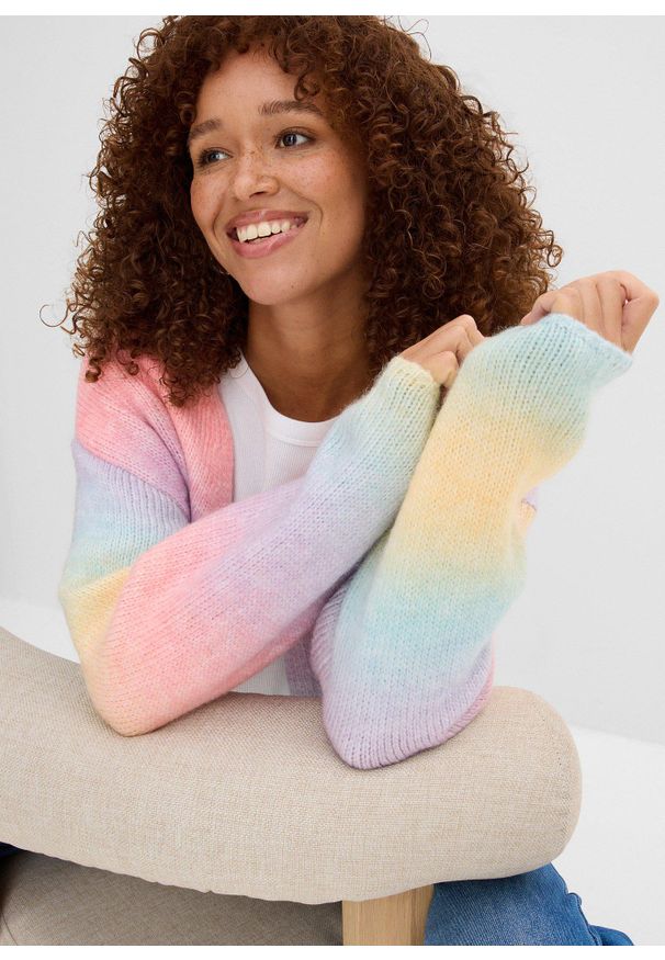 bonprix - Gruby kardigan z miękkiej mieszanki wełny. Kolor: niebieski. Materiał: dzianina, wełna. Wzór: ze splotem. Styl: elegancki