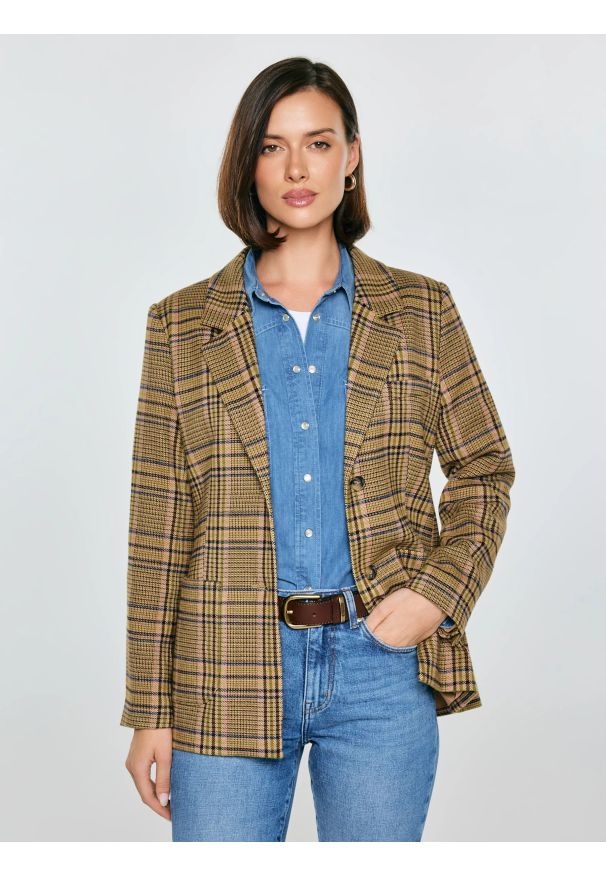 Big-Star - Marynarka damska w kratę Galani 601. Okazja: na co dzień. Kolor: różowy. Materiał: tkanina, jeans, materiał. Styl: casual, klasyczny, retro