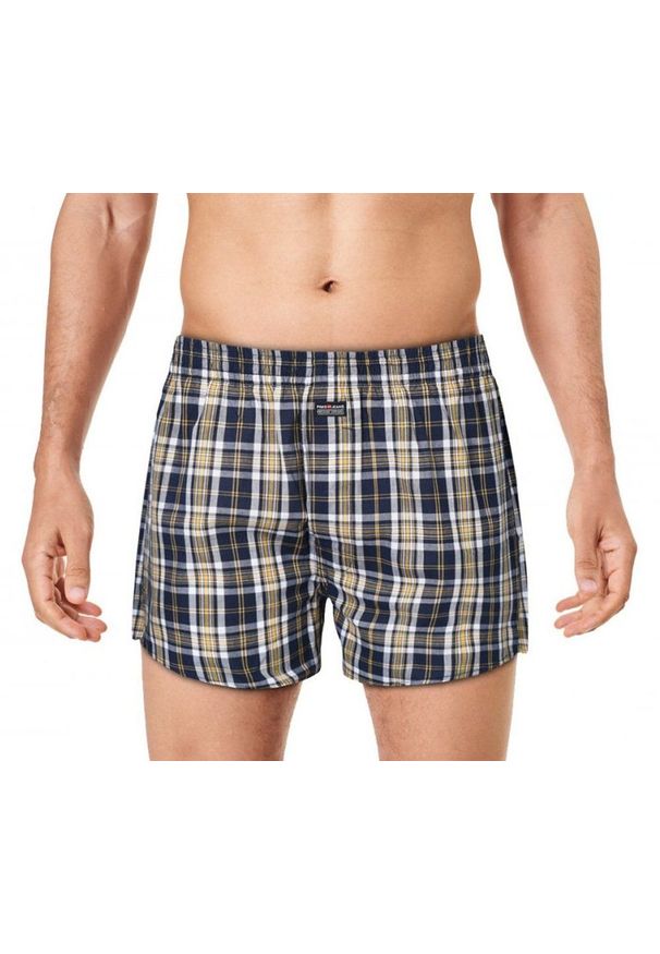 Męskie Bokserki Bawełniane - Pako Jeans - Granatowo-Żółta Kratka. Kolor: wielokolorowy, żółty, złoty, niebieski. Materiał: bawełna. Wzór: kratka