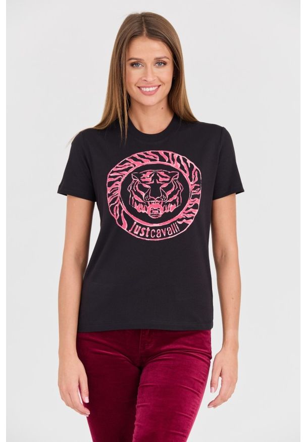 Just Cavalli - JUST CAVALLI Czarny damski t-shirt R Tiger Round Flock, Rozmiar XS. Kolor: czarny