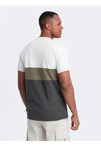 Ombre Clothing - T-shirt męski trójkolorowy w szerokie pasy - kremowo-grafitowy V6 OM-TSCT-0152 - XXL. Okazja: na co dzień. Kolor: szary. Materiał: bawełna, materiał. Wzór: aplikacja. Styl: casual