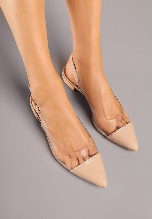 Renee - Beżowe Transparentne Sandały Slingback z Lakierowanym Noskiem Koselira. Okazja: na co dzień, na imprezę. Zapięcie: pasek. Kolor: beżowy. Materiał: lakier. Styl: vintage, elegancki, casual