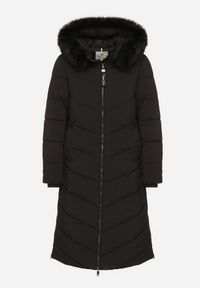 Born2be - Czarna Długa Kurtka z Pikowanymi Przeszyciami i Kapturem z Futerkiem Galella. Okazja: na co dzień. Kolor: czarny. Materiał: futro. Długość: długie. Styl: klasyczny, casual, elegancki #6