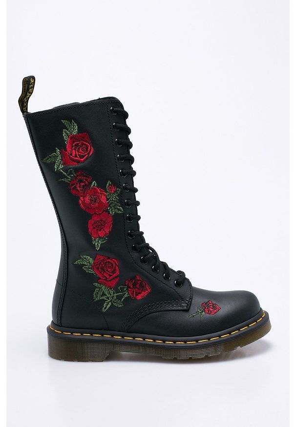 Dr. Martens - Dr Martens - Botki. Nosek buta: okrągły. Zapięcie: sznurówki. Kolor: czarny. Materiał: skóra. Szerokość cholewki: normalna. Wzór: haft
