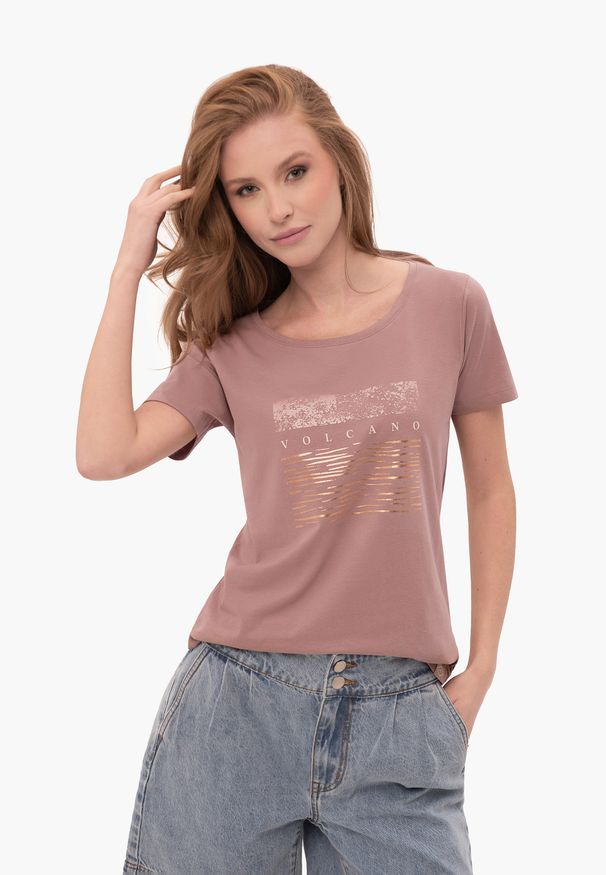 Volcano - Koszulka z nadrukiem T-QUEEN. Okazja: na co dzień. Kolor: beżowy. Materiał: bawełna, jeans, elastan, materiał. Wzór: nadruk. Styl: glamour, casual, klasyczny