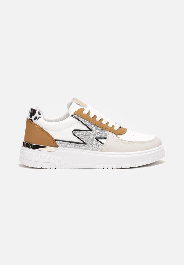 Born2be - Biało-Brązowe Sznurowane Sneakersy na Płaskiej Podeszwie z Metaliczną i Brokatową Wstawką Mebassa. Wysokość cholewki: przed kostkę. Kolor: brązowy. Szerokość cholewki: normalna. Obcas: na płaskiej podeszwie