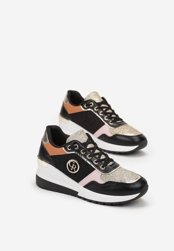 Renee - Czarne Sneakersy Ozdobione Brokatem i Metalicznymi Wstawkami Preslana. Nosek buta: okrągły. Zapięcie: sznurówki. Kolor: czarny. Materiał: materiał. Wzór: aplikacja. Obcas: na koturnie. Wysokość obcasa: średni