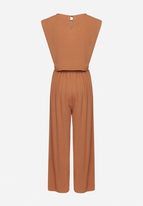 Born2be - Brązowy Wiskozowy Komplet Bluzka na Guzik z Usztywnianymi Ramionami i Szerokie Spodnie Vimalettes. Kolor: brązowy. Materiał: wiskoza