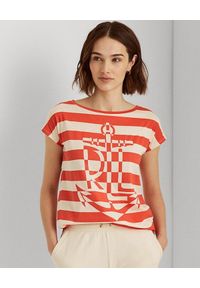 Lauren Ralph Lauren - LAUREN BY RALPH LAUREN - Koszulka w paski z logo. Kolor: pomarańczowy. Materiał: dzianina. Wzór: paski. Styl: klasyczny