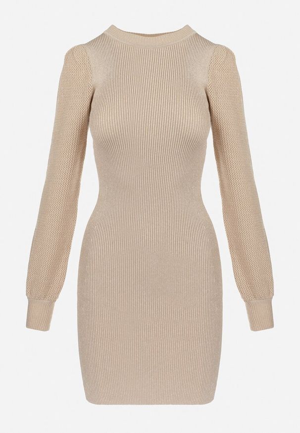 Born2be - Beżowa Sukienka Dzianinowa z Bufiastym Rękawem Janoah. Okazja: na randkę, na co dzień. Kolor: beżowy. Materiał: dzianina. Wzór: jednolity. Typ sukienki: dopasowane. Styl: casual, klasyczny. Długość: mini