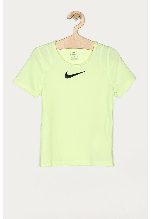 Nike Kids - T-shirt dziecięcy 122-166 cm. Okazja: na co dzień. Kolor: zielony. Materiał: dzianina, skóra, elastan, tkanina, poliester, włókno. Długość rękawa: krótki rękaw. Długość: krótkie. Wzór: nadruk. Styl: casual