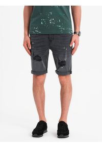 Ombre Clothing - Męskie krótkie spodenki jeansowe z przetarciami i podwiniętą nogawką – szare V3 OM-SRDS-0186 - XXL. Okazja: na co dzień. Kolor: szary. Materiał: jeans. Długość: krótkie. Wzór: aplikacja. Sezon: lato. Styl: casual #4