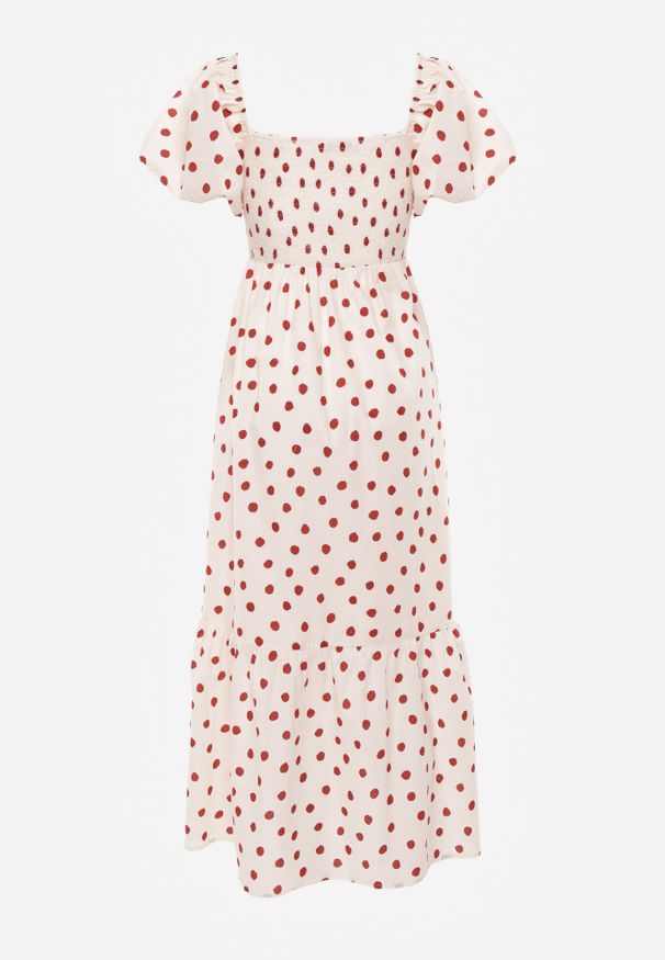 Born2be - Beżowa Sukienka Bawełniana o Rozkloszowanym Kroju z Bufiastymi Rękawami w Groszki Lorairian. Kolor: beżowy. Materiał: bawełna. Wzór: grochy. Styl: klasyczny