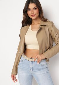 Born2be - Beżowa Kurtka Ramoneska z Asymetrycznym Suwakiem Inika. Kolor: beżowy. Materiał: jeans. Styl: elegancki #1