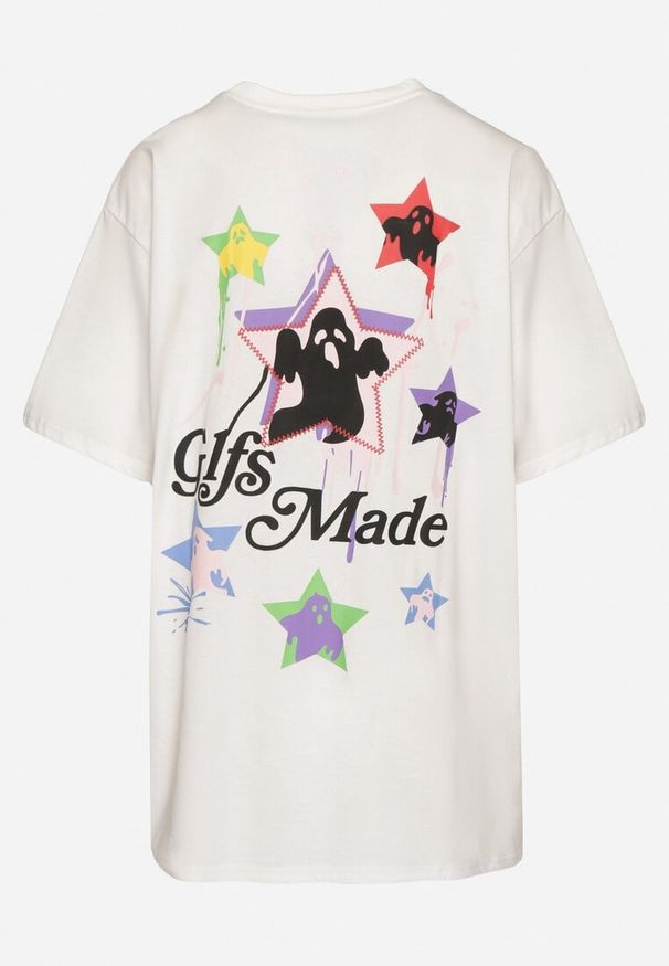 Born2be - Biały T-shirt z Bawełną Ozdobiony Gwiazdami Karretia. Okazja: na co dzień. Kolor: biały. Materiał: bawełna. Wzór: aplikacja. Styl: casual, elegancki