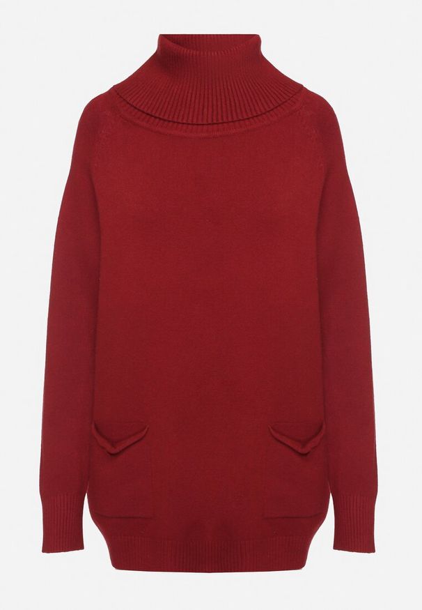 Born2be - Bordowy Golf z Wiskozą Zdobiony Wsuwanymi Kieszonkami Viaela. Okazja: na co dzień. Typ kołnierza: golf. Kolekcja: plus size. Kolor: czerwony. Długość: długie. Wzór: aplikacja. Materiał: wiskoza. Długość rękawa: długi rękaw. Styl: elegancki, casual